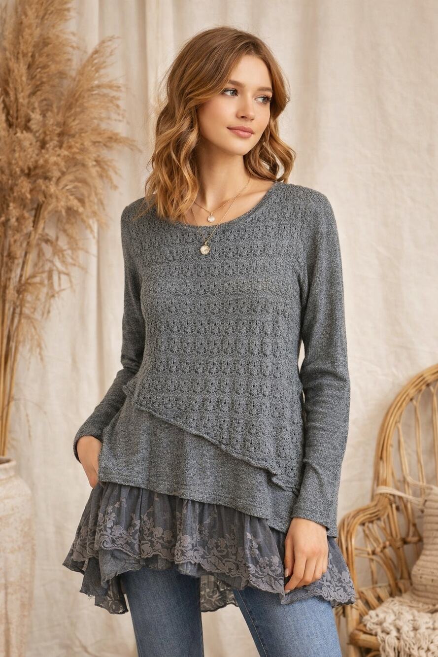 Boho Boutique Gray Textured Tunic Top Lace Ruffle Hem Asymmetrical Boho